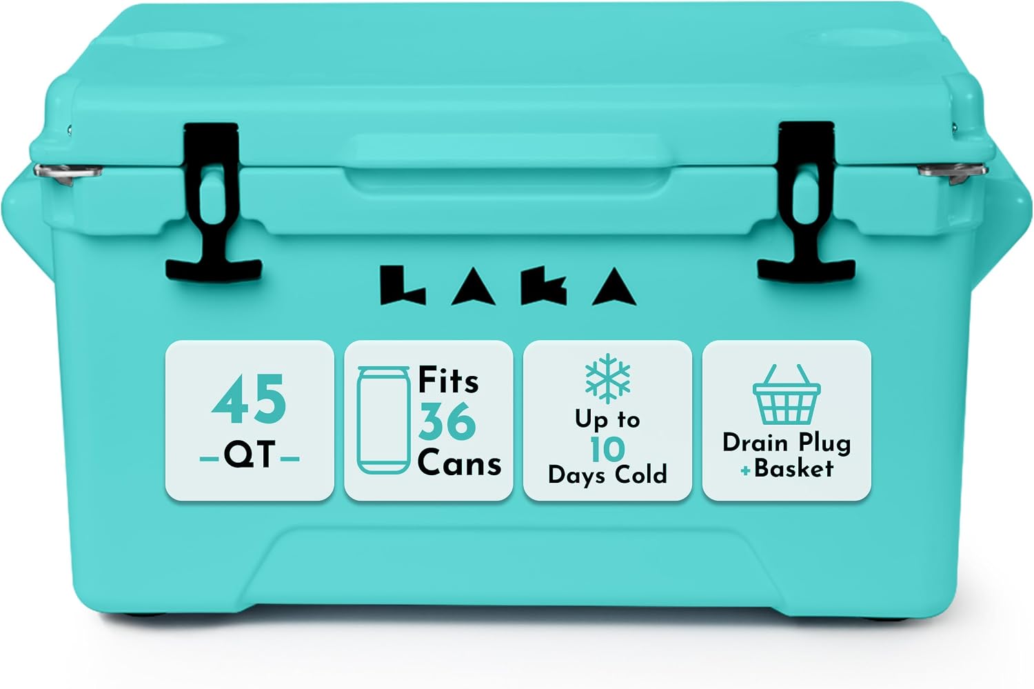 Laka Cooler, 45 Quart Rotomolded Hard Cooler, Insulated Ice Chest Holds 36 Cans/45 lb Ice, Up to 10 Days Cold, Drain Plug + Basket, Non-Slip Feet, Beach Boat Camping Tailgate
